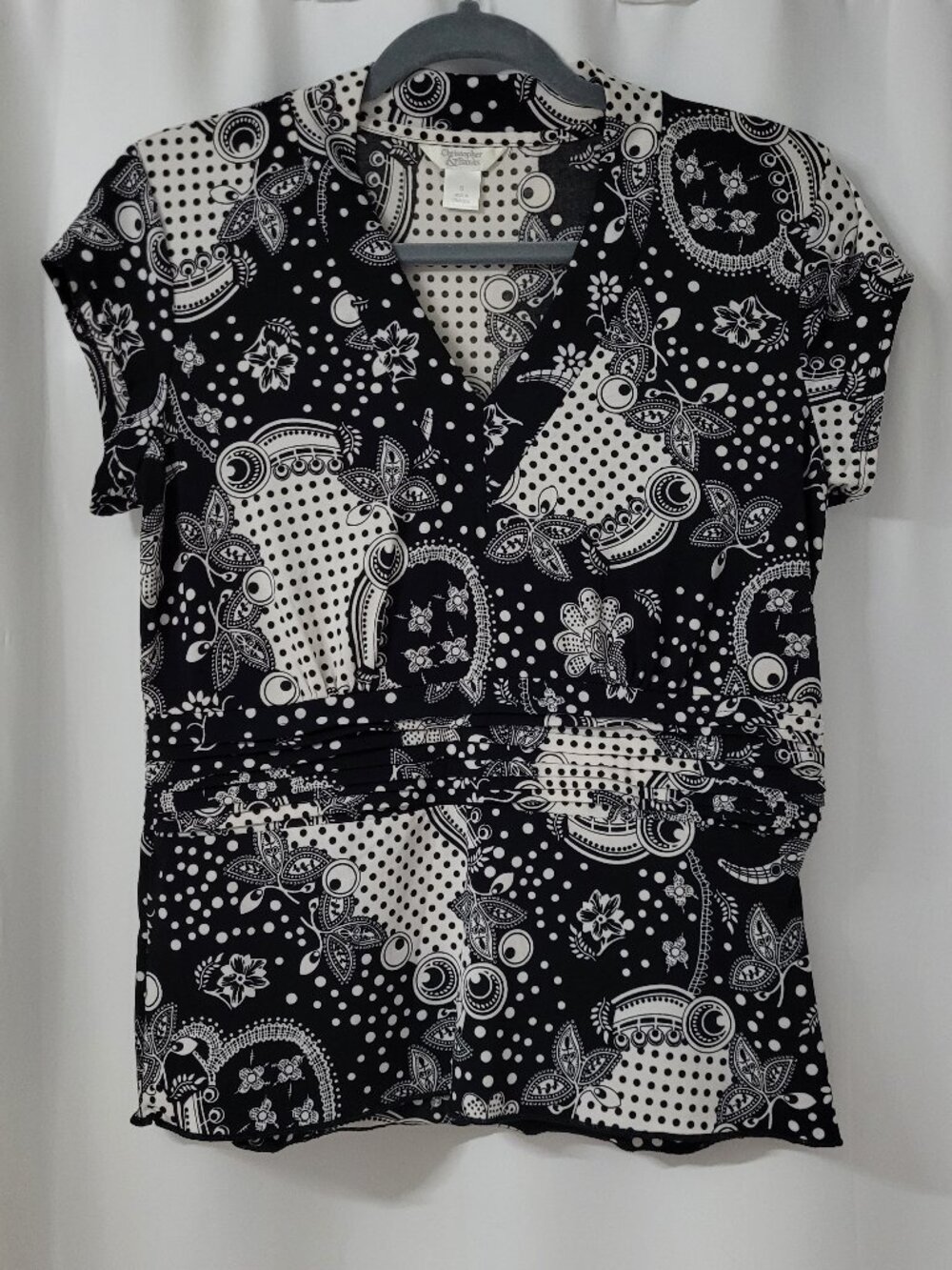 Christopher & Banks Black & White Empire Waist V-Neck Knit Blouse